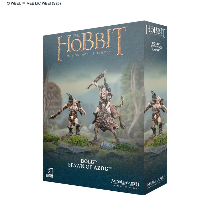 Box for “LOTR: Middle Earth Strategy Game: Bolg Spawn of Azog” miniatures from Games Workshop, featuring three armored fantasy orcs on a snowy base—two standing and one mounted on a large warg. The unpainted assembly miniatures are prominently displayed on the front, with the product title and Games Workshop branding clearly visible.