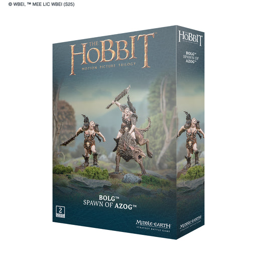 Box for “LOTR: Middle Earth Strategy Game: Bolg Spawn of Azog” miniatures from Games Workshop, featuring three armored fantasy orcs on a snowy base—two standing and one mounted on a large warg. The unpainted assembly miniatures are prominently displayed on the front, with the product title and Games Workshop branding clearly visible.