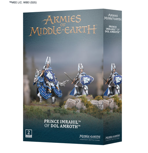 Box of LOTR: Middle Earth Strategy Game: Prince Imrahil of Dol Amroth miniatures by Games Workshop, showcasing two intricately painted knight figures in blue and silver armor—one mounted on horseback—crafted from detailed plastic parts, displayed with a blurred outdoor backdrop.