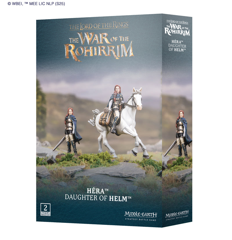 Box art for LOTR: Middle Earth Strategy Game: Hera Daughter of Helm by Games Workshop, showing two miniatures of Hera—one on foot with a sword and one riding a white horse—set against a scenic backdrop.