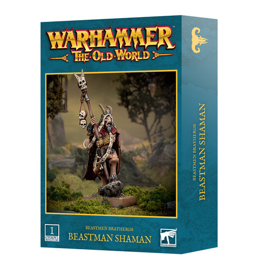Box of Warhammer The Old World: Beastmen Brayherds - Beastman Shaman by Games Workshop, showcasing a painted Beastman Shaman miniature wielding a staff adorned with skulls, set against a woodland backdrop. The blue box features gold text and fantasy motifs, making it ideal for hobbyists interested in assembling miniatures and painting them with Citadel Base paints.