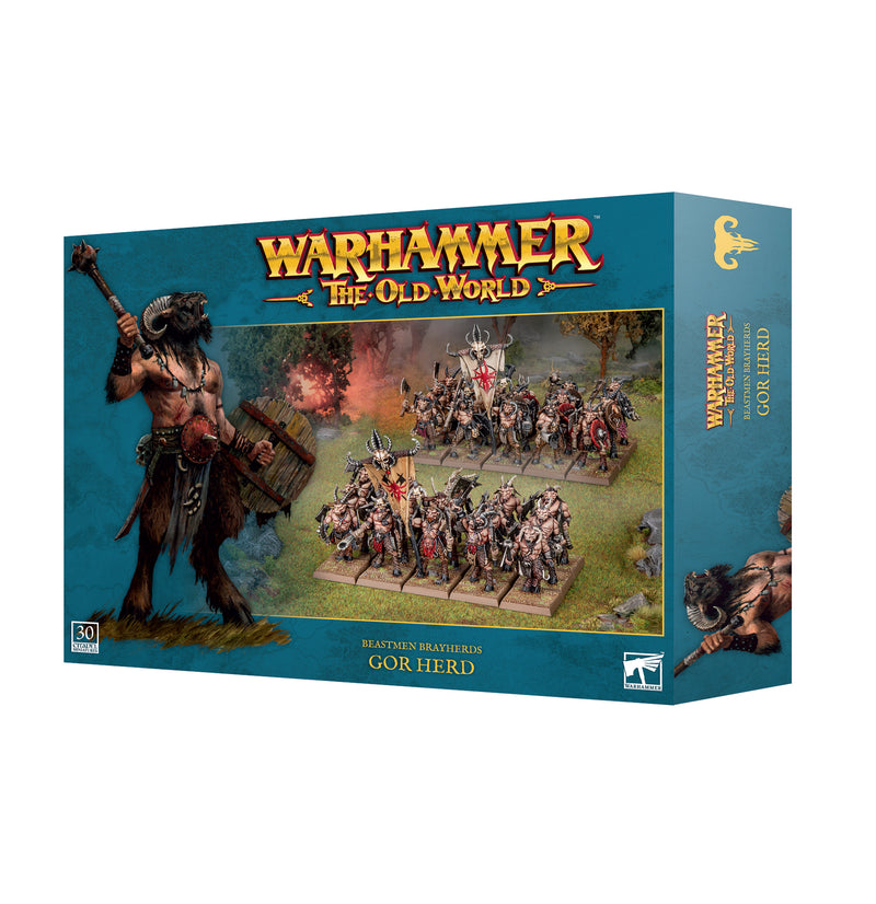 Warhammer The Old World: Beastmen Brayherds - Gor Herd by Games Workshop features box art of a beastman drummer and models in a forest—perfect for miniature assembly enthusiasts.