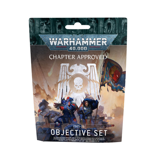 The Warhammer 40k: Chapter Approved - Objective Set: 2025-26 packaging showcases two armored warriors locked in combat, one bearing a flag, with the Aquila symbol displayed behind them. Produced by Games Workshop, this set features components made from durable PET material.