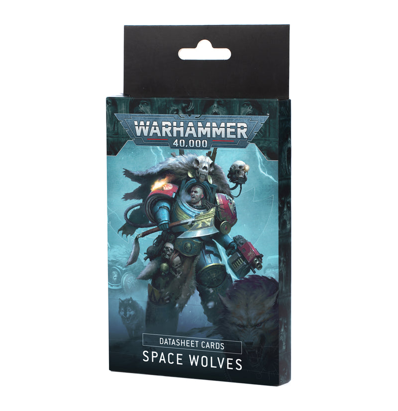 Warhammer 40k: Space Wolves - Datasheet Cards by Games Workshop, featuring a blue and gold armored warrior with a wolf pelt on the box.