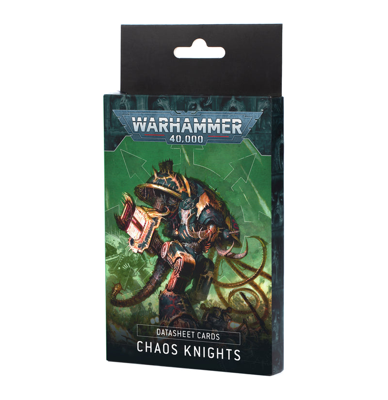 A box of Warhammer 40k: Chaos Knights - Datasheet Cards, featuring Chaos Knight artwork with tentacle-like arms on a green background. Includes an Army Rule card.