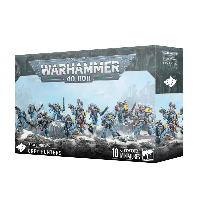 Warhammer 40k: Space Wolves - Grey Hunters box by Games Workshop includes 10 armored Citadel miniatures in a snowy, ruined landscape.
