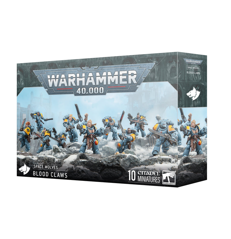 Warhammer 40k: Space Wolves - Blood Claws by Games Workshop. Painted armored warriors with weapons on a snowy field. Contains 10 miniatures.