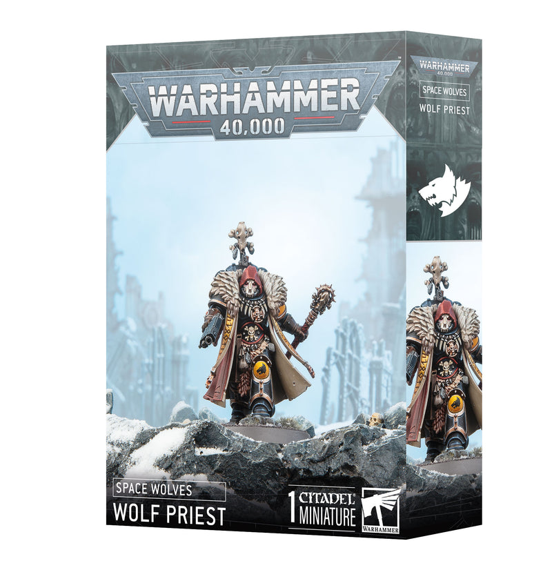 Warhammer 40k: Space Wolves - Wolf Priest box featuring an assembled, painted miniature in ornate armor on a Citadel 40mm Round Base, set against a futuristic icy background.