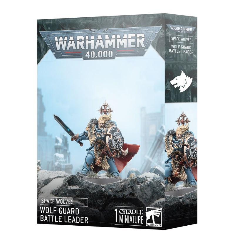 The Warhammer 40k: Space Wolves - Wolf Guard Battle Leader box includes a detailed miniature with sword and shield in snowy ruins.