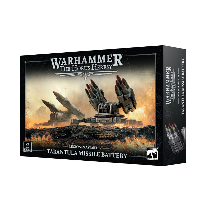 Box for Horus Heresy: Legiones Astartes - Tarantula Missile Battery, displaying the missile battery amidst a blazing battlefield. The packaging is black with white lettering and Games Workshop branding, featuring plastic miniatures perfect for assembly.
