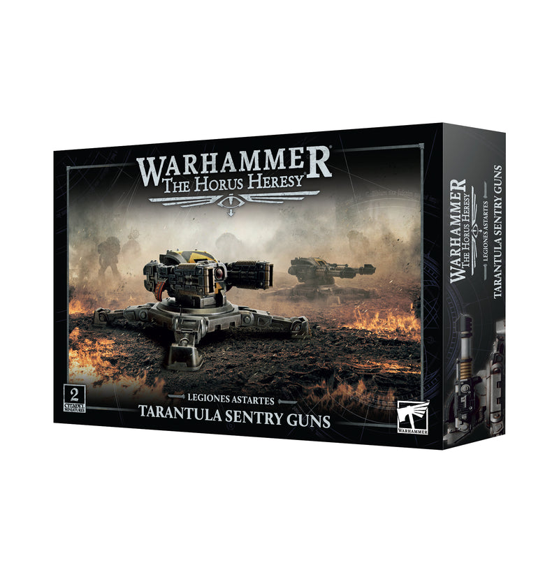 The Horus Heresy: Legiones Astartes - Tarantula Sentry Guns box set includes two sci-fi miniatures on a battlefield with product branding.