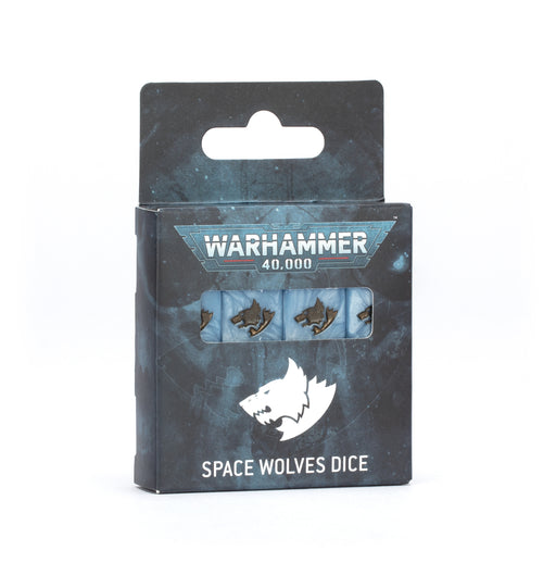 A box of Warhammer 40k: Space Wolves - Dice, decorated with wolf symbols and featuring a blue background with a white Space Wolves logo on the front.