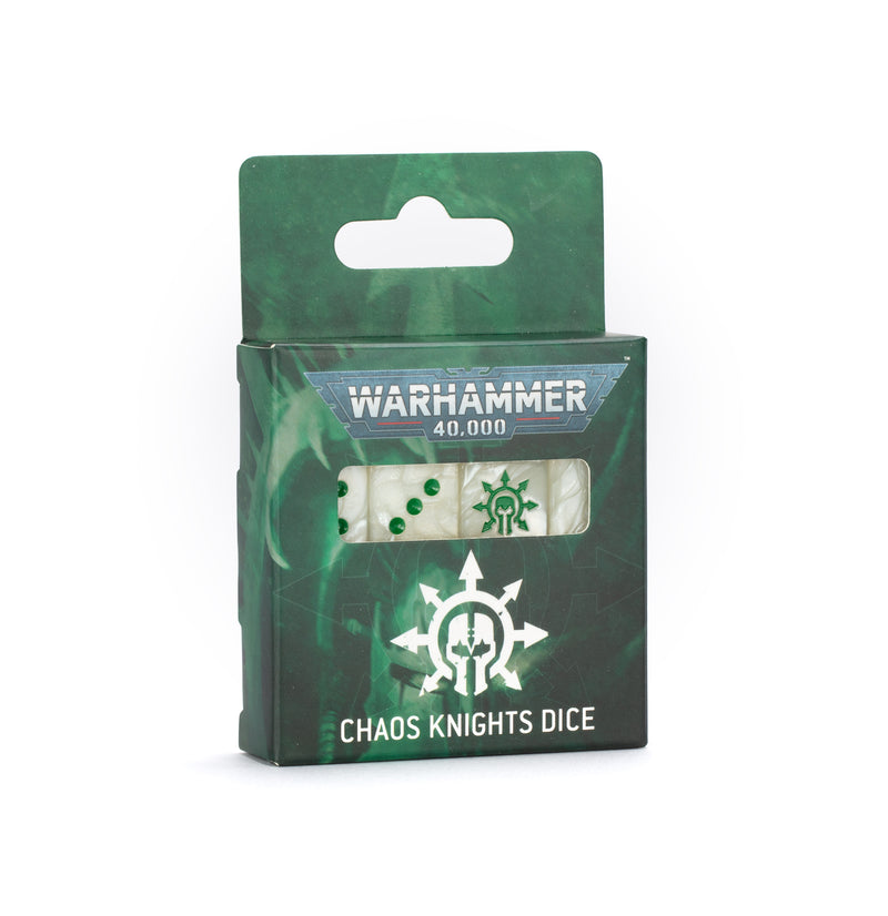 A box of Warhammer 40k: Chaos Knights - Dice, presented in green and white packaging that displays the Chaos Knights symbol and includes a clear window revealing white dice with green pips.