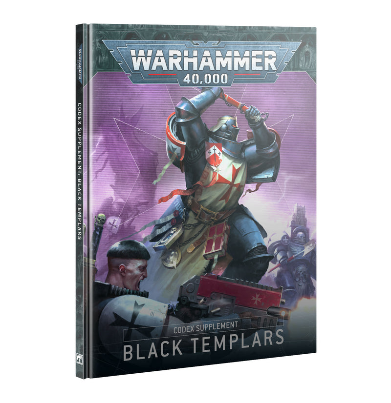 Warhammer 40k: Black Templars - Codex Supplement (2025) shows black-armored Space Marines with red and white crosses, one raising a sword against a dramatic purple battle backdrop.
