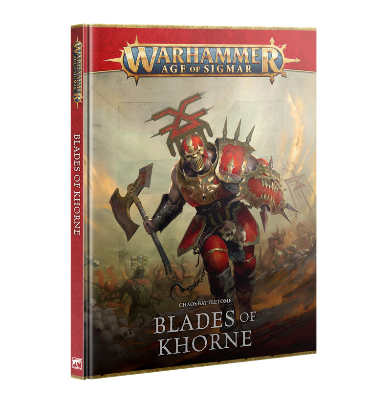 The cover of Warhammer Age of Sigmar: Blades of Khorne - Battletome (2025), from Games Workshop, depicts an armored warrior with a horned helmet wielding an axe and sword, charging forward against a fiery backdrop.