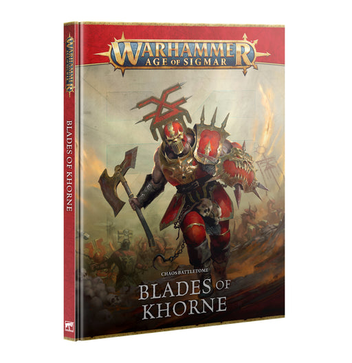 The cover of Warhammer Age of Sigmar: Blades of Khorne - Battletome (2025), from Games Workshop, depicts an armored warrior with a horned helmet wielding an axe and sword, charging forward against a fiery backdrop.