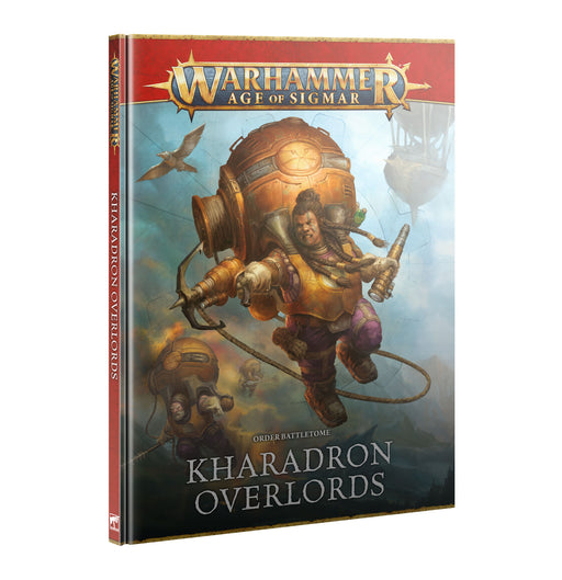The Warhammer Age of Sigmar: Kharadron Overlords - Battletome (2025) features armored dwarves equipped with jetpacks flying above a ship in a cloudy sky, spotlighting this distinctive Games Workshop faction.