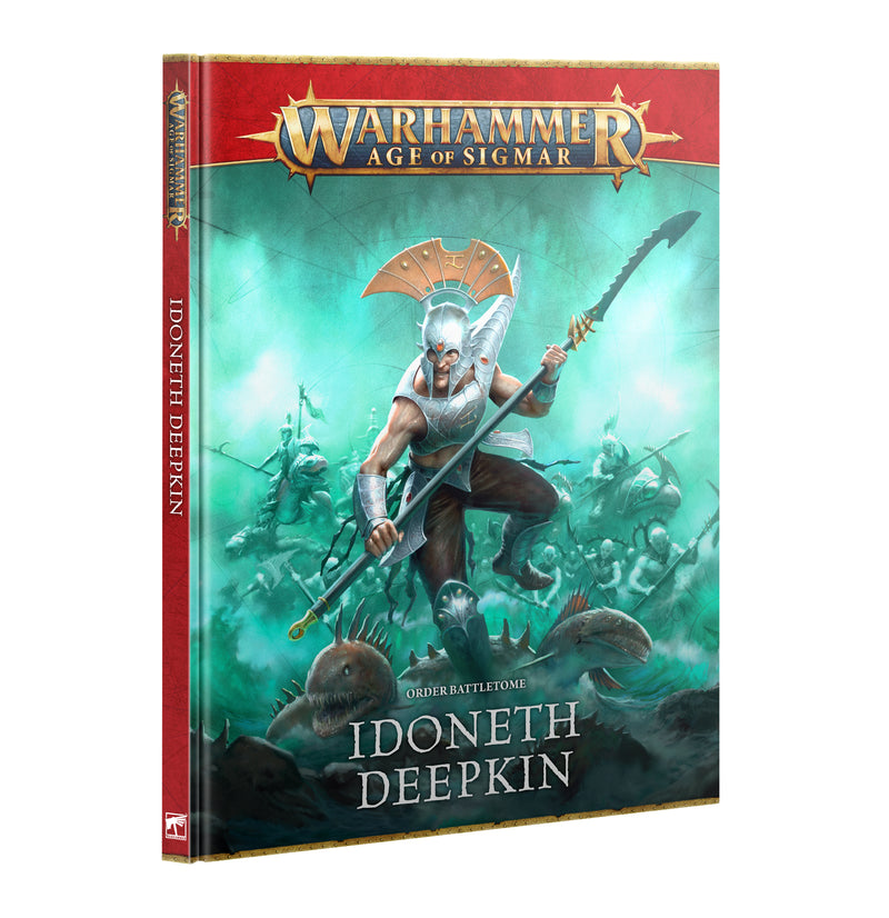 Front cover of Warhammer Age of Sigmar: Idoneth Deepkin - Battletome (2025), with a helmeted spear warrior leading aquatic troops.