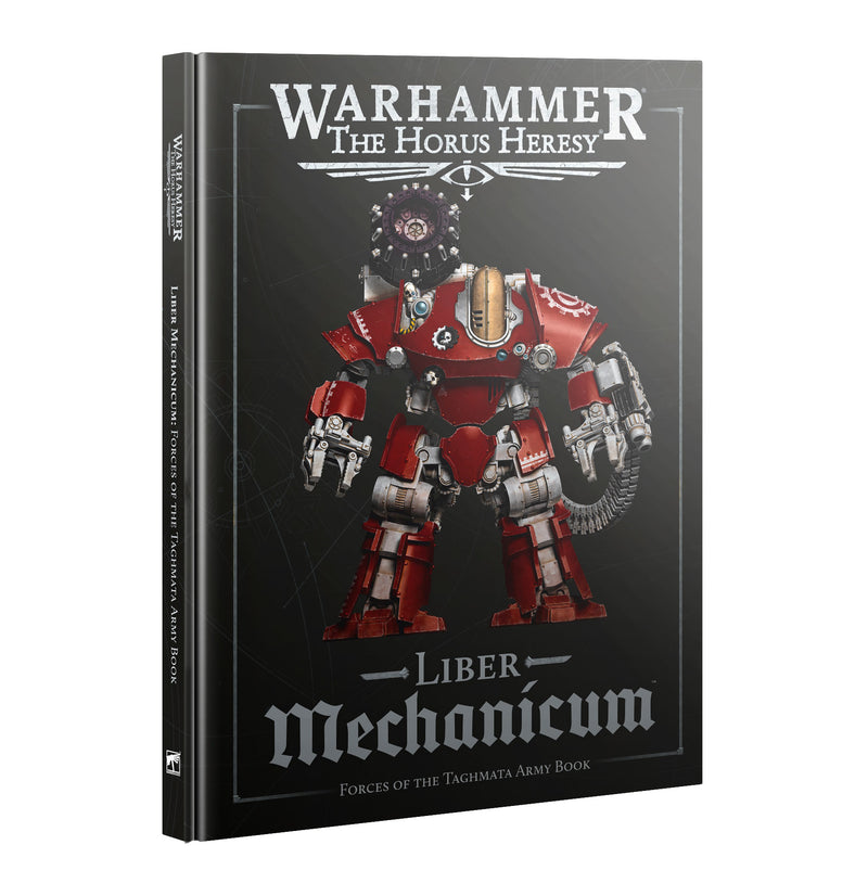 The hardcover book Horus Heresy: Liber Mechanicum features a red and silver armored robot with weapons on the cover.