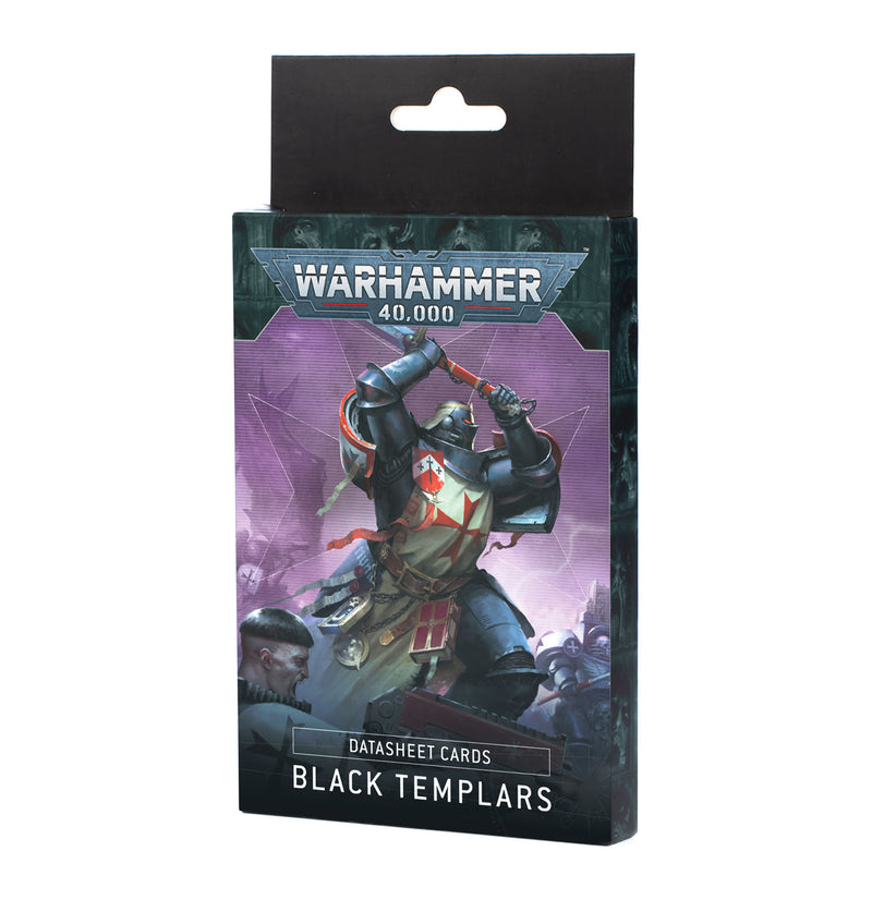 A box of Warhammer 40k: Black Templars - Datasheet Cards featuring artwork of a Space Marine wielding a sword with a red cross.