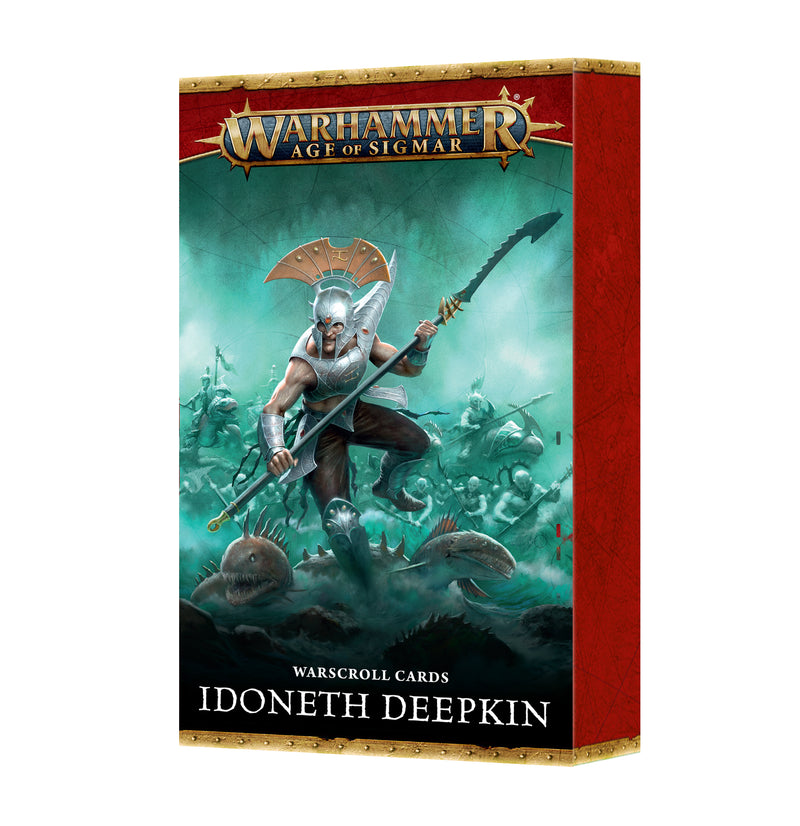 Warhammer Age of Sigmar: Idoneth Deepkin – Warscroll Cards (2025) by Games Workshop, with an Akhelian Tide Guard warrior leading underwater creatures into battle.