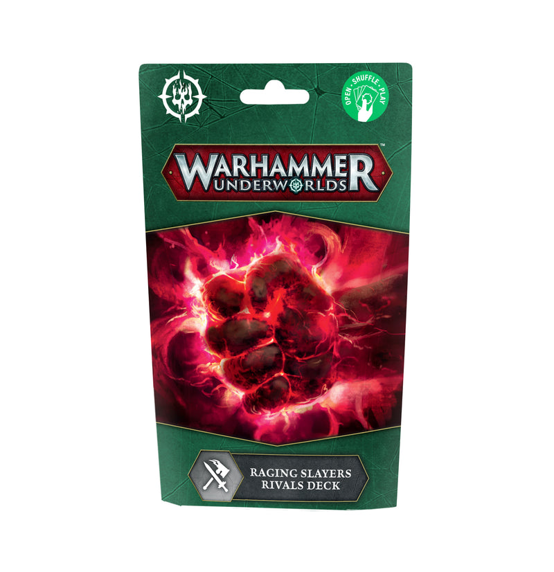 The Warhammer Underworlds: Slayers Rivals Deck by Games Workshop shows a fiery fist on green, Ready to Play icon top right.