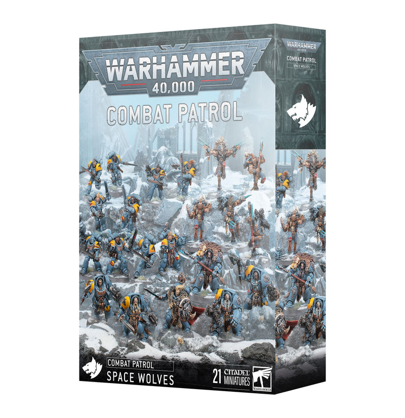 Warhammer 40k: Space Wolves - Combat Patrol (2025) box features 21 Citadel miniatures, including Wolf Guard Terminators, displayed in snowy battle artwork with official game branding.
