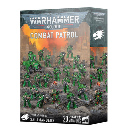 Box of Warhammer 40k: Salamanders - Combat Patrol, featuring 20 green-armored Salamanders miniatures displayed in a ruined city backdrop, with logos and artwork highlighting the iconic Salamanders faction.