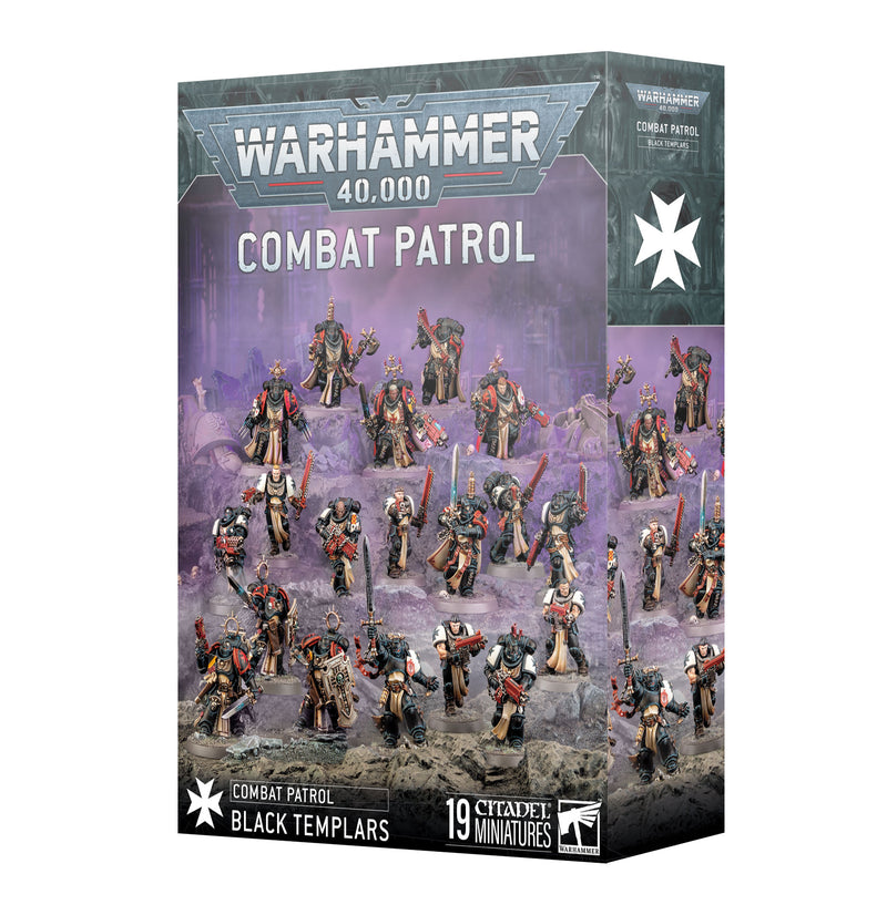 Box of Warhammer 40k: Black Templars - Combat Patrol (2025) set, featuring painted Black Templars miniatures on the cover and labeled as containing 19 Citadel miniatures by Games Workshop.