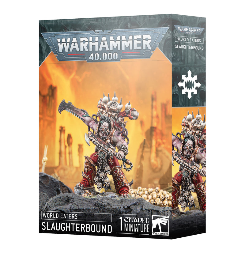 Warhammer 40k: World Eaters - Slaughter-bound features a detailed armored warrior with skull accents and chainsword on a 50mm base.