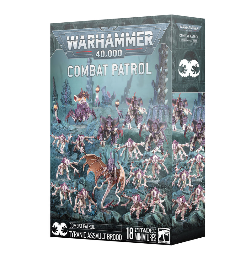 Warhammer 40k: Tyranids - Combat Patrol: Tyranid Assault Brood by Games Workshop, includes 18 Citadel miniatures with illustrated Tyranids and Genestealers depicted in a battle scene on the box.