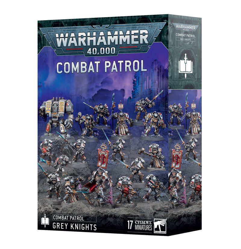 Box of Warhammer 40k: Grey Knights - Combat Patrol (2025) set, featuring detailed Grey Knights miniatures in futuristic armor with weapons, a banner, and a vehicle, all set against a dark sci-fi backdrop.
