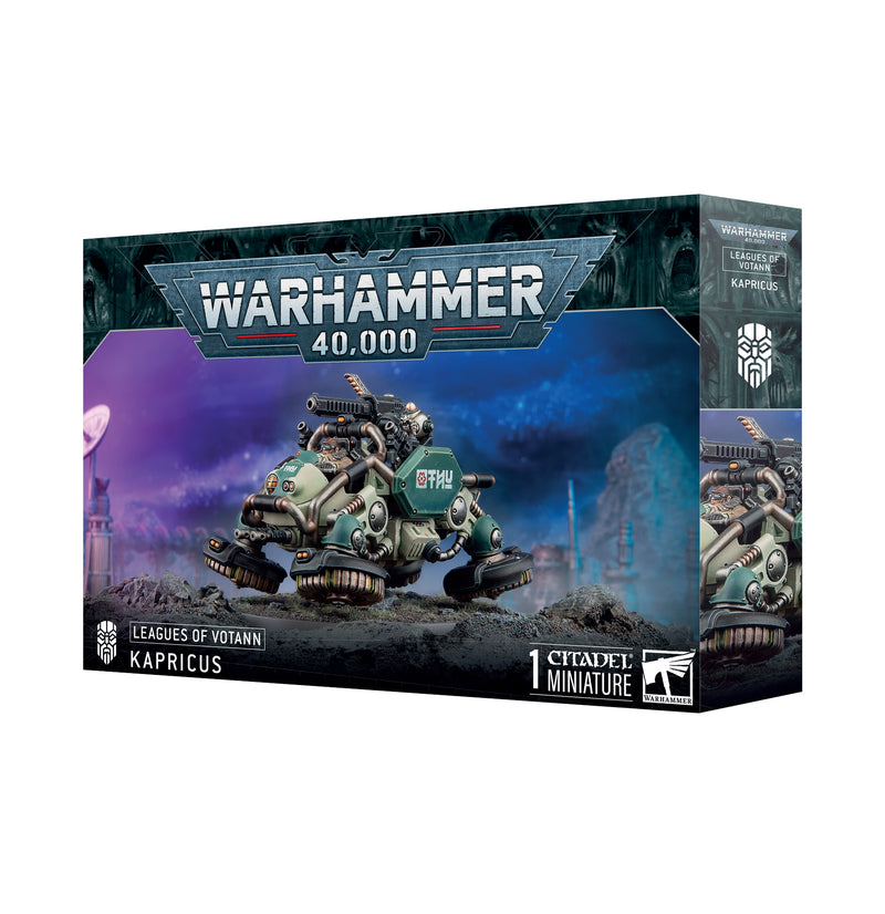 Box of Warhammer 40k: Leagues of Votann - Kapricus miniatures, featuring a sci-fi vehicle on rocky terrain, blue and purple background art and game logos on the packaging.