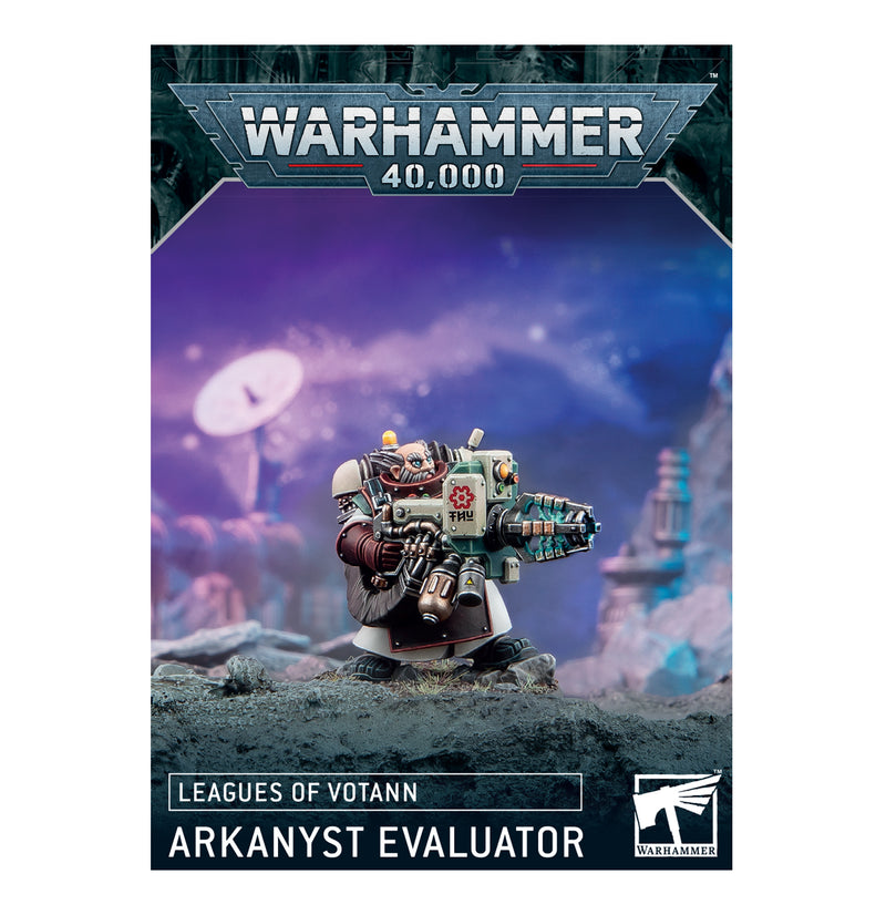 Warhammer 40,000 Arkannyst Evaluator figure on a scenic background