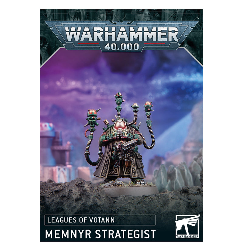 Warhammer 40,000 book cover featuring a Memnyr Strategist figure with a futuristic landscape.