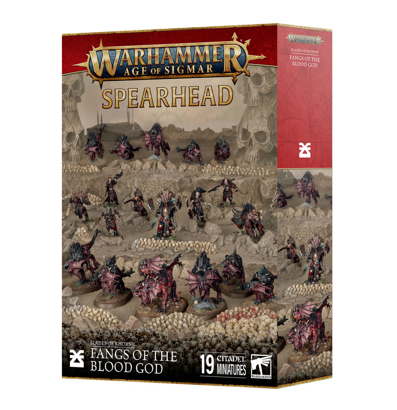 Box of Warhammer Age of Sigmar: Blades of Khorne – Spearhead: Fangs of the Blood God miniatures, showcasing 19 painted figures including Flesh Hounds, displayed on a rocky, skull-strewn battlefield with iconic fantasy elements. Produced by Games Workshop.