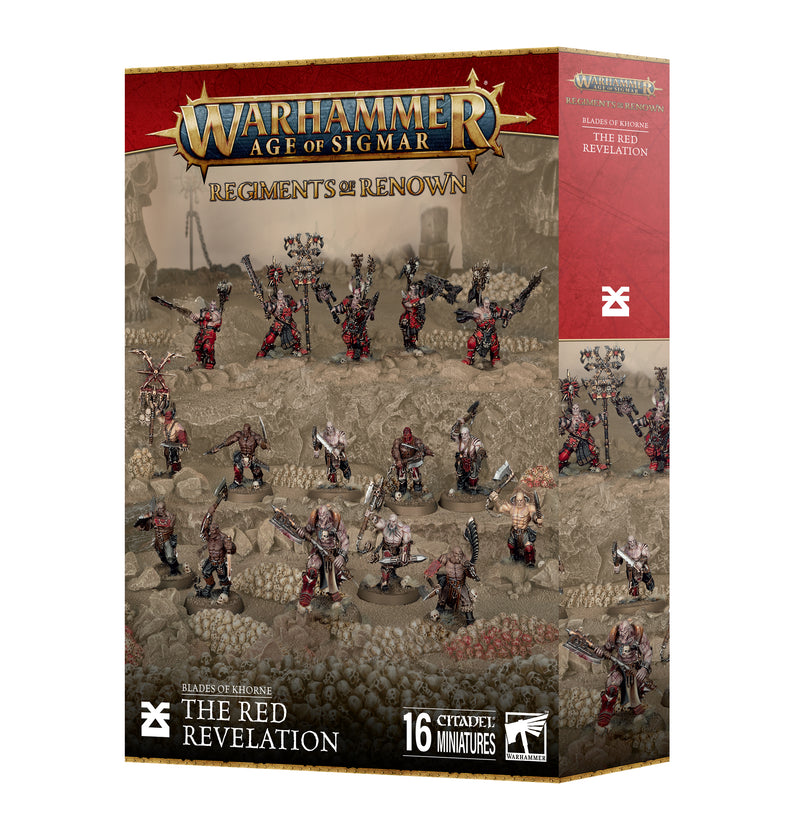 Box for Warhammer Age of Sigmar: Blades of Khorne - Regiments of Renown: The Red Revelation displaying painted Blades of Khorne miniatures in red and silver armor, positioned for battle on a rocky landscape.