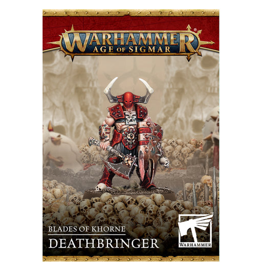 Box art for Warhammer Age of Sigmar: Blades of Khorne - Deathbringer shows horned, red-armored warrior with axe, skulls, bones.