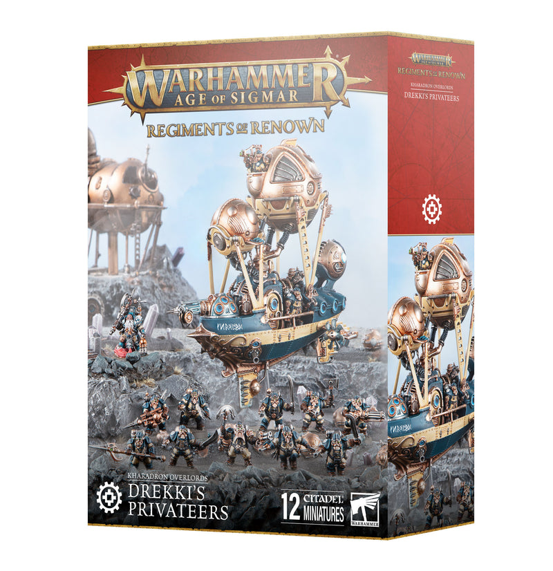 Box of Warhammer Age of Sigmar: Kharadron Overlords - Regiments of Renown: Drekki's Privateers by Games Workshop, with 12 miniatures and an Arkanaut Frigate, set in a rocky landscape.