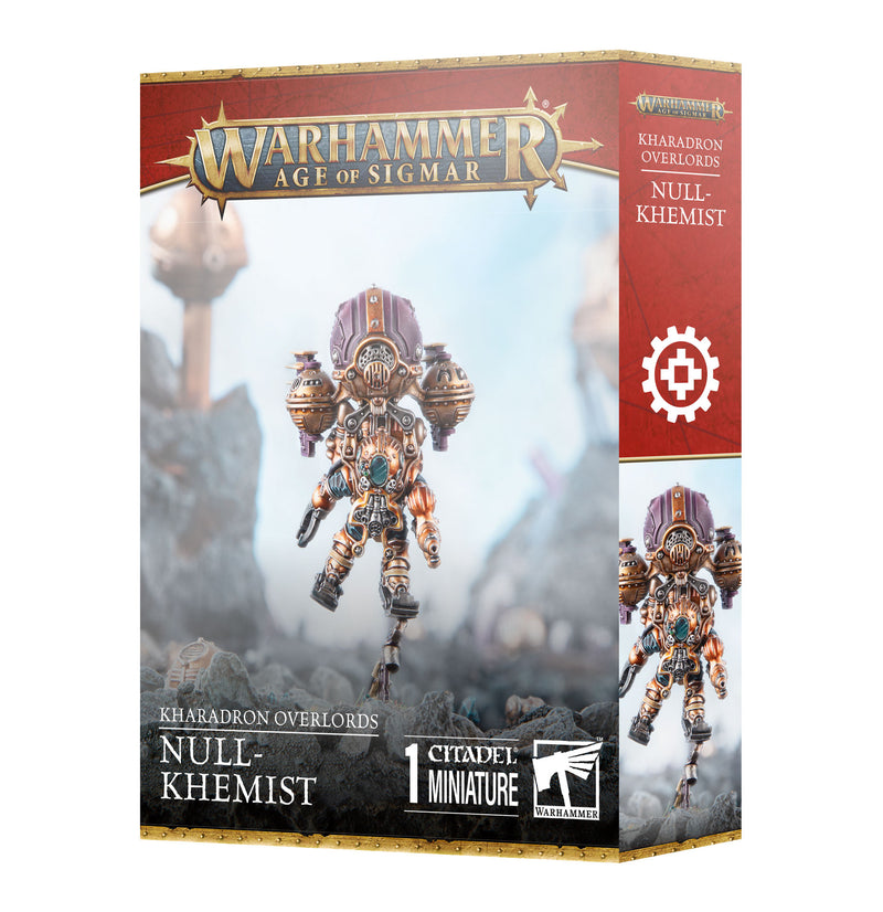Warhammer Age of Sigmar: Kharadron Overlords – Null-Khemist miniature features a detailed dwarf, mechanical gear, purple helmet, and 40mm base.