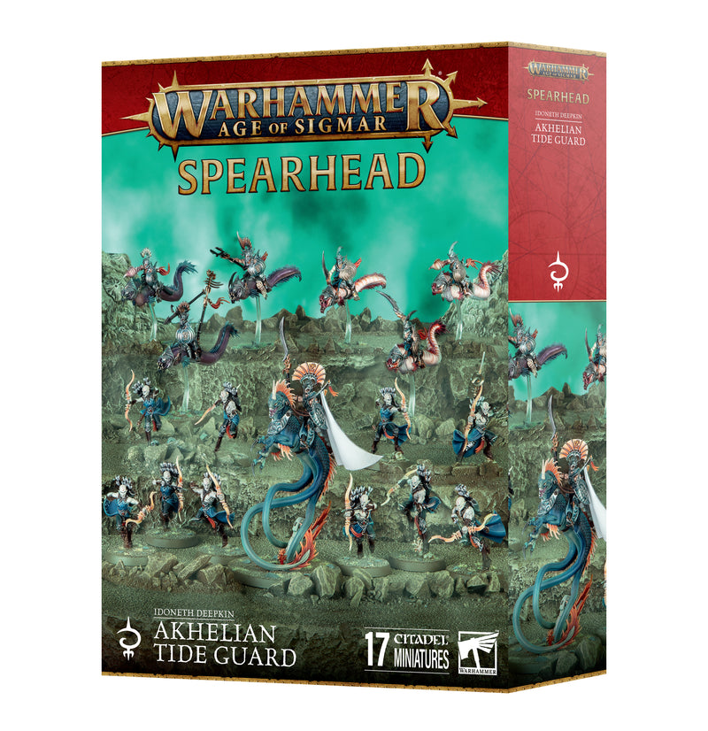 The image shows the Warhammer Age of Sigmar: Idoneth Deepkin - Spearhead: Tide Guard (2025) box with 17 miniatures, led by an Akhelian King.