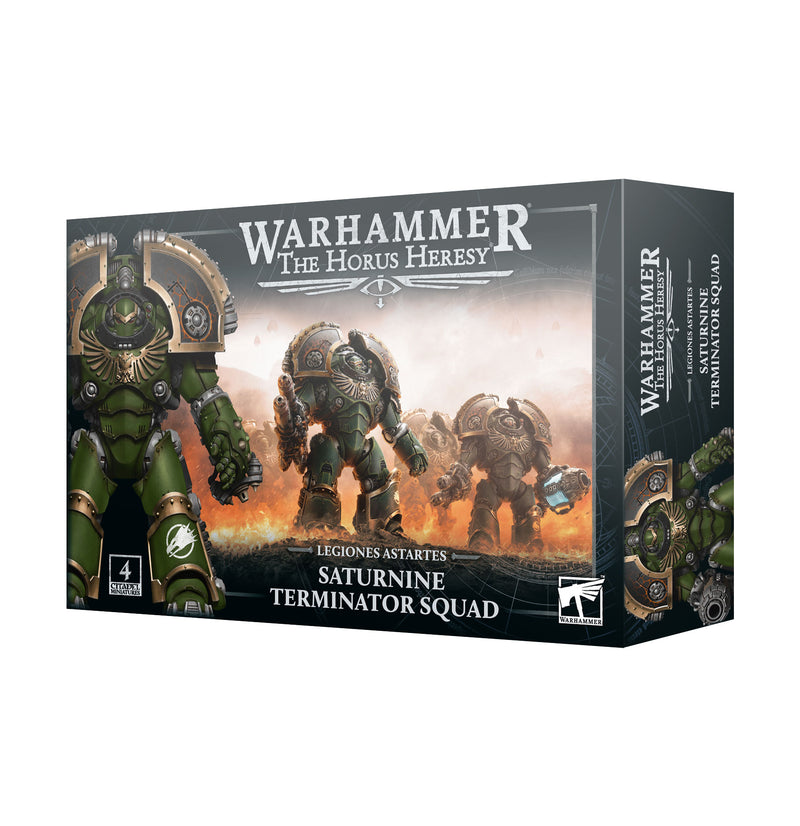 Angled view of a Horus Heresy: Saturnine Terminators box by Games Workshop, showing artwork of three armored sci-fi warriors on the front.