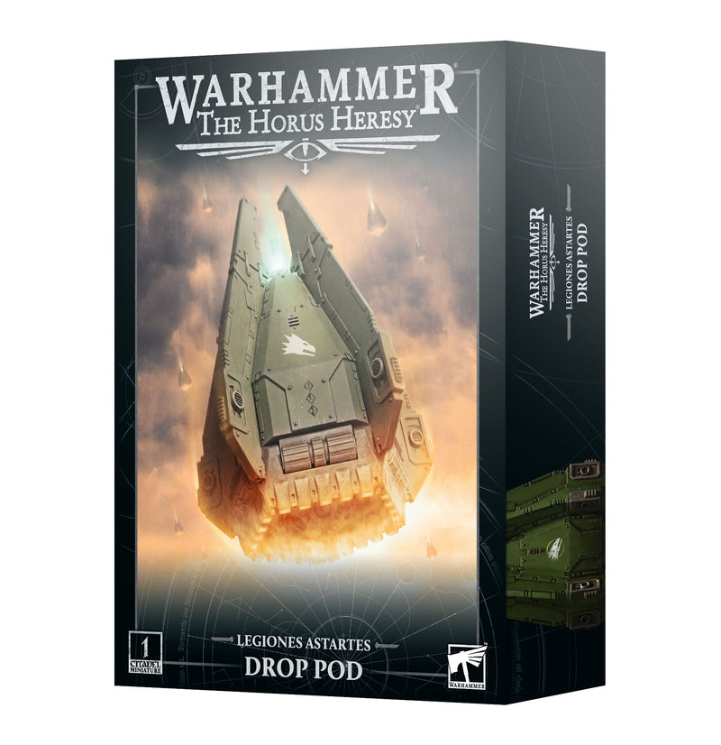 Box art for Horus Heresy: Drop Pod by Games Workshop, with a green drop pod descending through flames in a stormy sky. Includes transfer sheet.