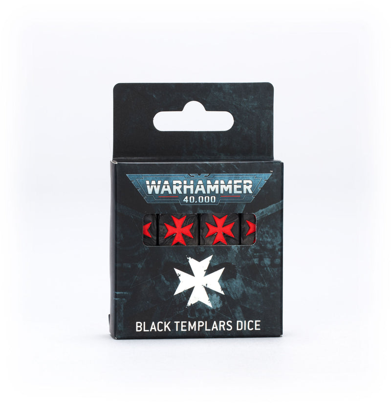 Box of Warhammer 40k: Black Templars - Dice. The black box features a white Templar cross and shows three red dice with black Templar cross symbols from the Warhammer 40,000 Black Templars collection.