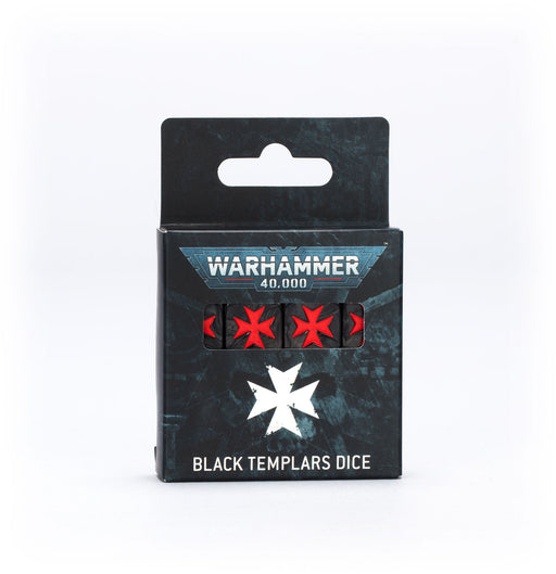 Box of Warhammer 40k: Black Templars - Dice. The black box features a white Templar cross and shows three red dice with black Templar cross symbols from the Warhammer 40,000 Black Templars collection.