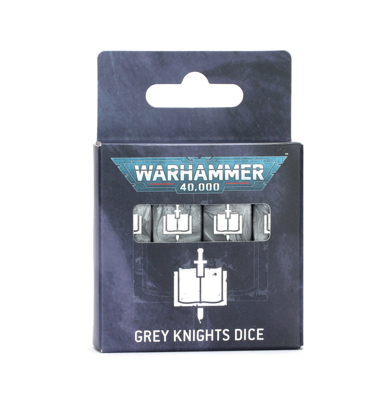 A box of Warhammer 40k: Grey Knights - Dice, containing three dice in grey, white, and black with a stylized symbol. The packaging features a blue and silver logo and includes a hang tab at the top.