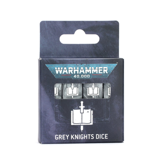 A box of Warhammer 40k: Grey Knights - Dice, containing three dice in grey, white, and black with a stylized symbol. The packaging features a blue and silver logo and includes a hang tab at the top.