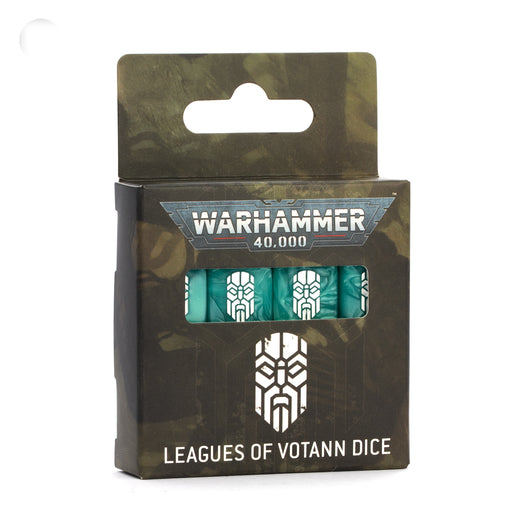 A box of Warhammer 40k: Leagues of Votann - Dice from Games Workshop, displaying three turquoise dice with white symbols inside dark, stylized packaging featuring logos and text.
