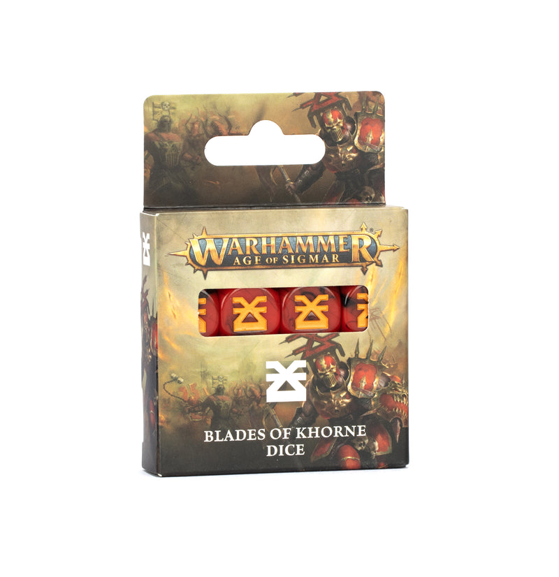 The Warhammer Age of Sigmar: Blades of Khorne - Dice set includes three red dice with yellow symbols in a box with fantasy art.