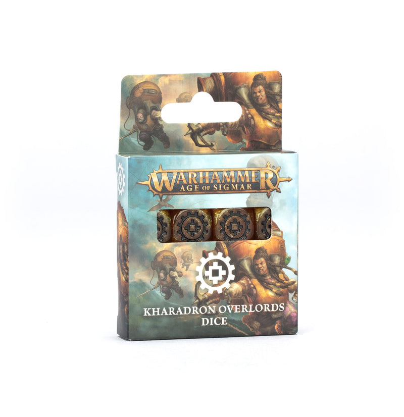 Warhammer Age of Sigmar: Kharadron Overlords - Dice is a boxed set featuring steampunk-themed dice, including two with unique Kharadron Overlords faction symbols on their faces.